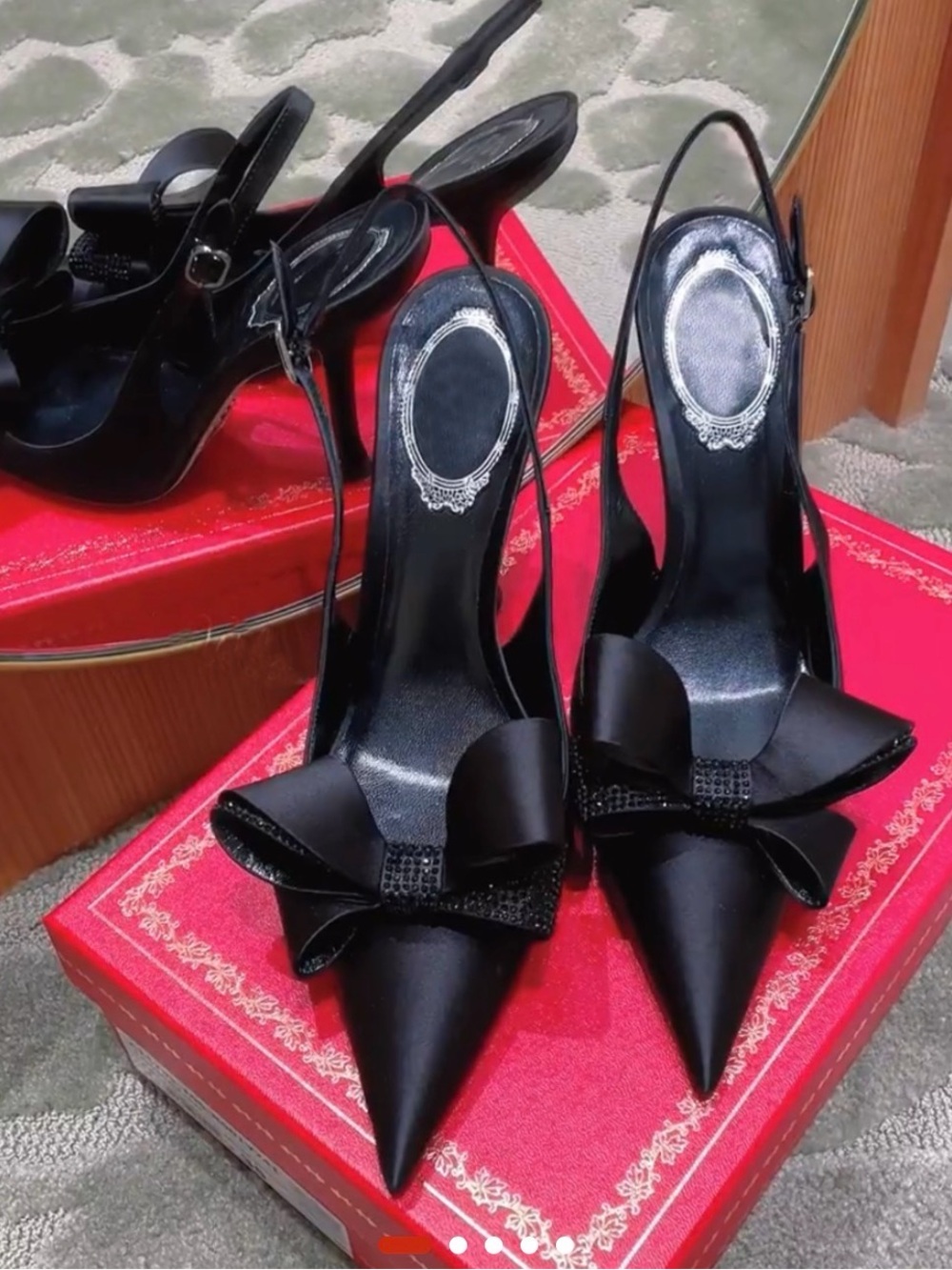A Classy Chic Boutique Black Pointed Slingback Heels with Bow Accent